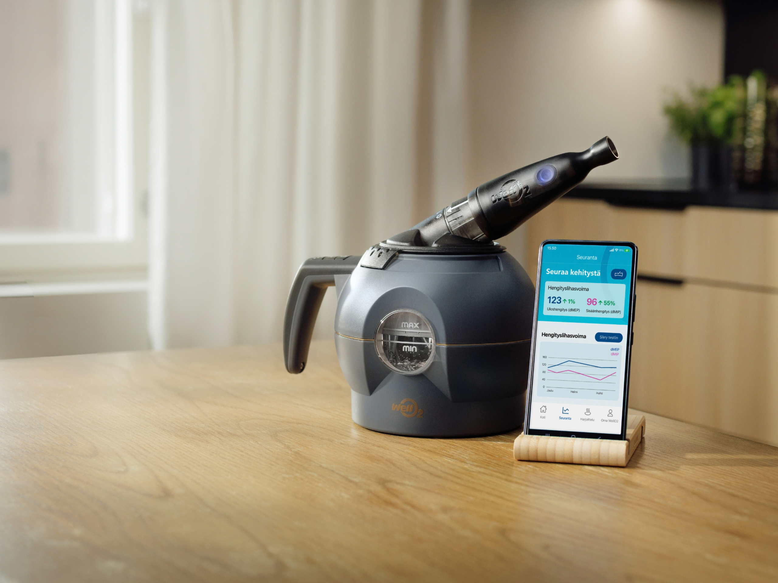 MyBreath Steam Breathing Trainer ja WellO2-sovellus pöydällä